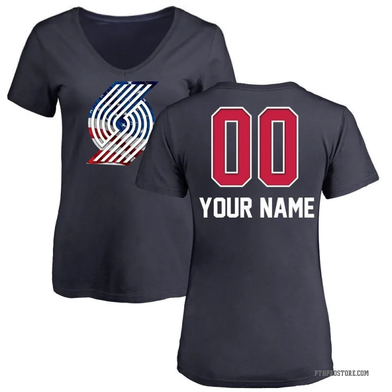 Custom Women's Navy Portland Trail Blazers Name and Number Banner Wave V-Neck T-Shirt